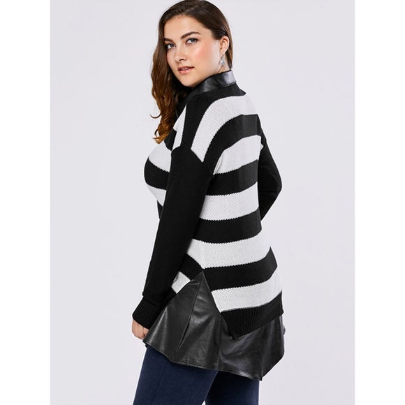 Plus Size Sweater w/ Vegan Leather Collar & Hem - Picture 4 of 8